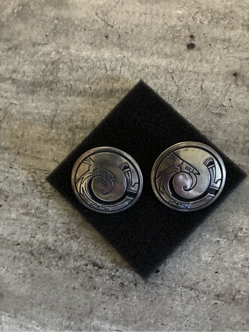 Hopi Silver Overlay earrings by W. Smolak known for Native American jewelry